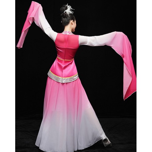 Women's water sleeves pink gradient chinese folk dance dresses hanfu fairy tradtional classical ancient fan umbrella dance dress